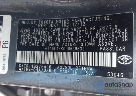 2013 Toyota Camry L из США, поврежденный, VIN 4T1BF1FK0DU639639